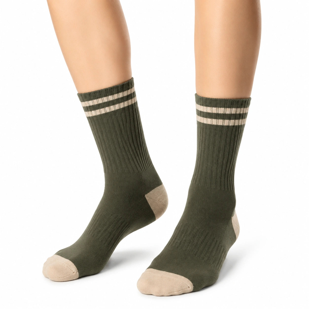 Calze sportive 39-42 verde oliva e beige a coste con righe