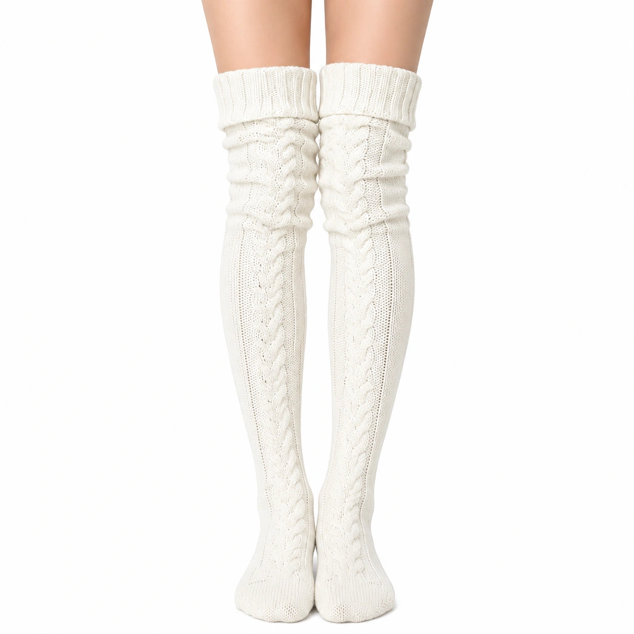 Calze lunghe 39-42 in maglia bianco panna a trecce stile invernale