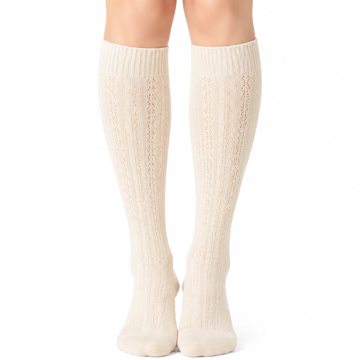 Calze al ginocchio 39-42 in maglia color crema con motivo traforato