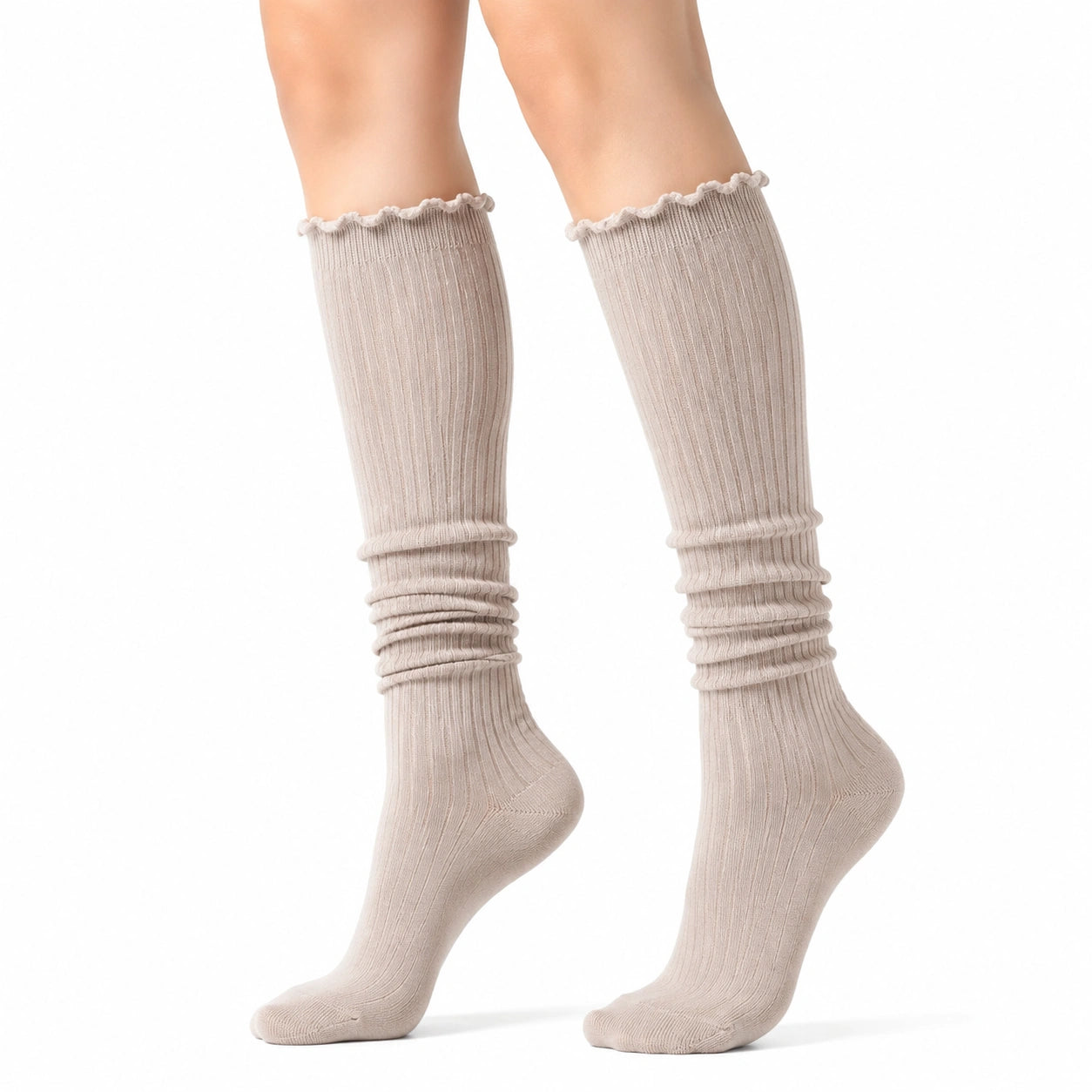 Calze al ginocchio 39-42 in maglia beige a coste con bordo ondulato stile casual